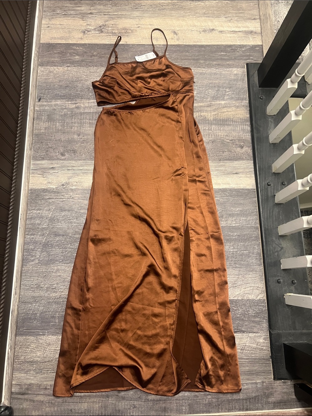 LA Hearts Side Cutout Satin Maxi Brown Dress - Picture 6 of 9